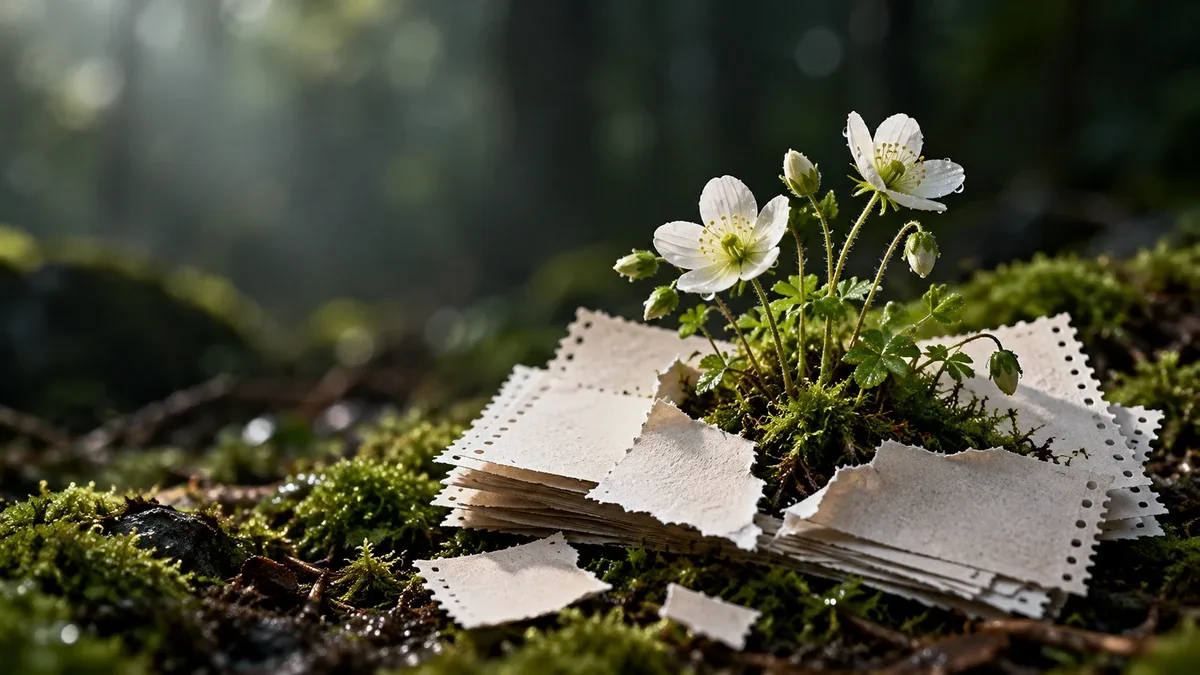 White woodland flowers and moss growing through a torn stack of blank paper coupons.