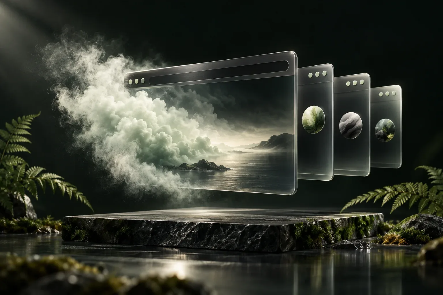 Conceptual illustration of a cloud browser session transforming into separate persistent profiles, in dark forest and sage tones.